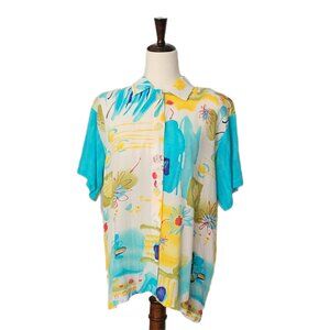 Vintage Beachy Button Up Top Blouse Kid Core Bright Colors Abstract Floral